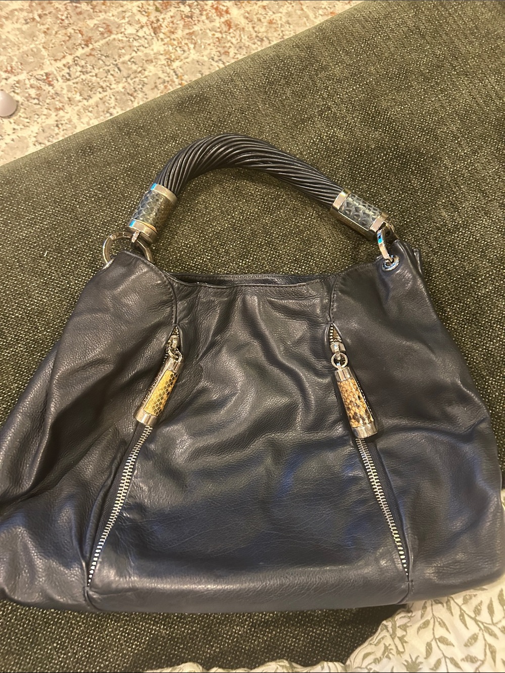 Michael kors navy Leather Shoulder Bag with Decorative Handle
